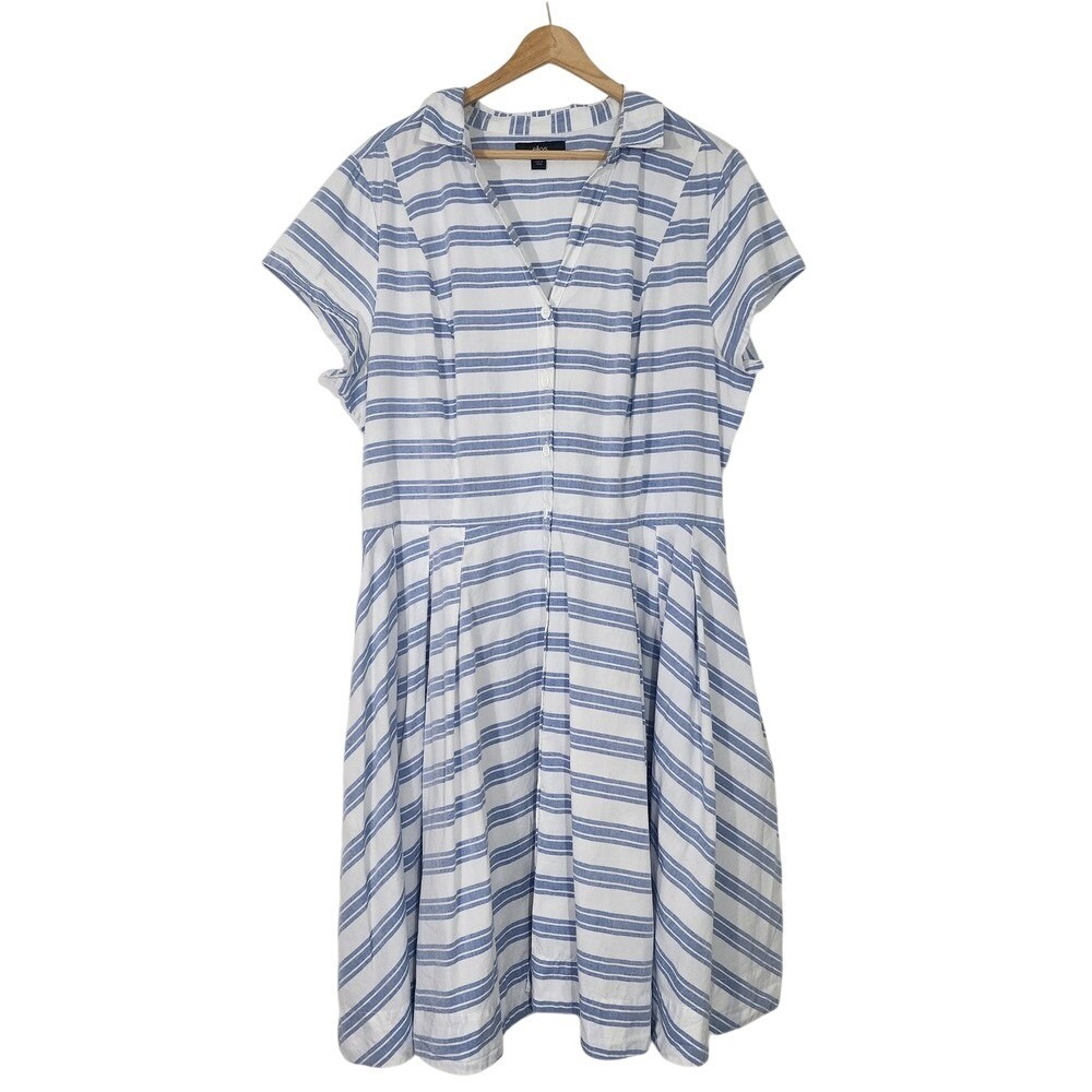 Ellos Blue White Stripe Cotton‎ Shirt Dress Coastal Nautical Pockets 1X preppy